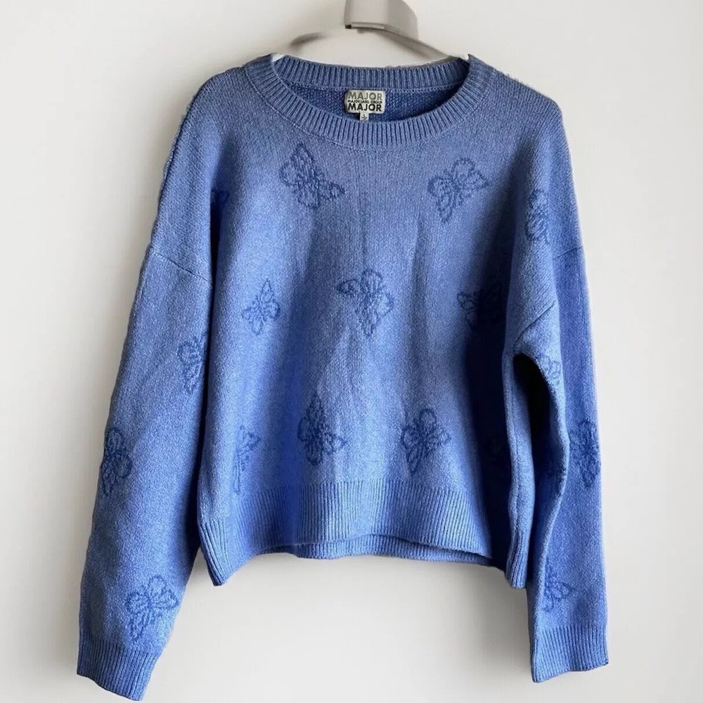 Major Label Group Women's Large Sweater‎ Blue Butterfly Cropped Long Sleeve